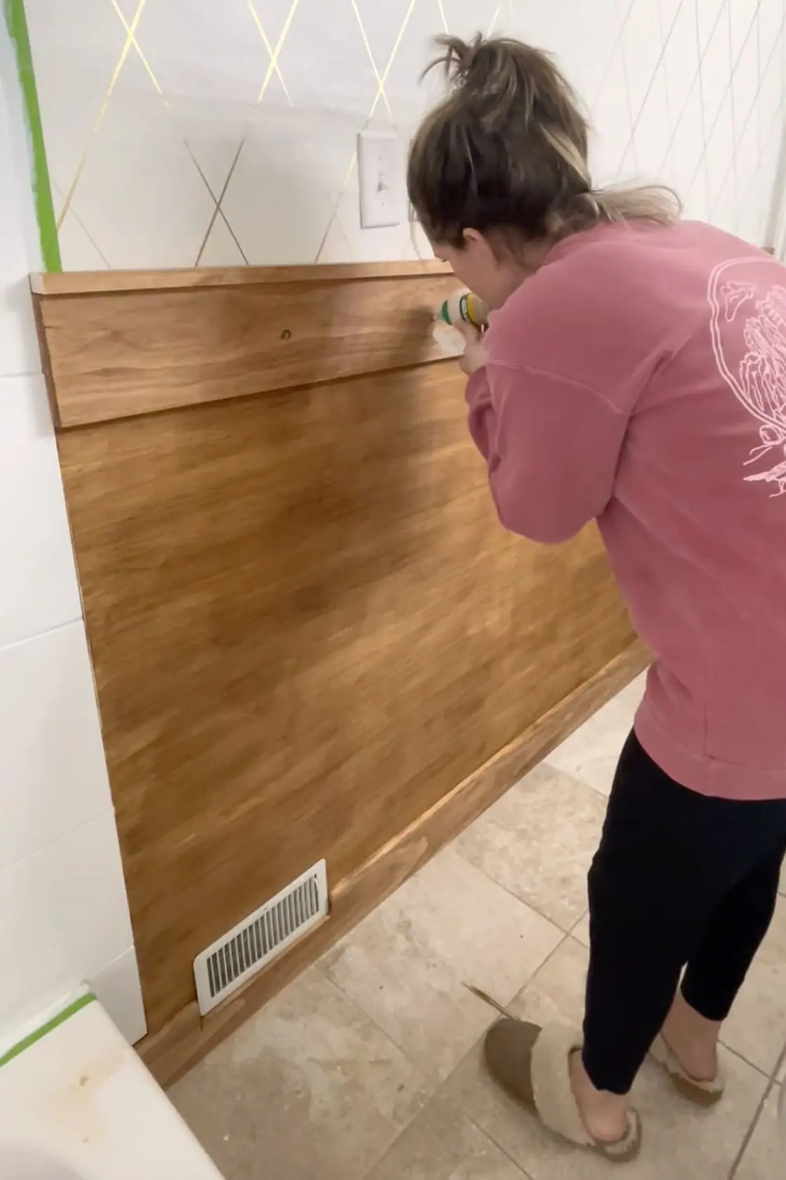 Adding pegs to a peg rail using wood glue.